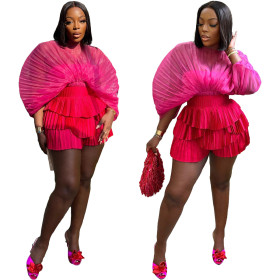 Women's simulated yarn top with woven shorts set