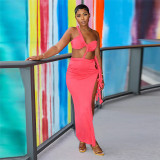 Open back slit splicing strap irregular dress