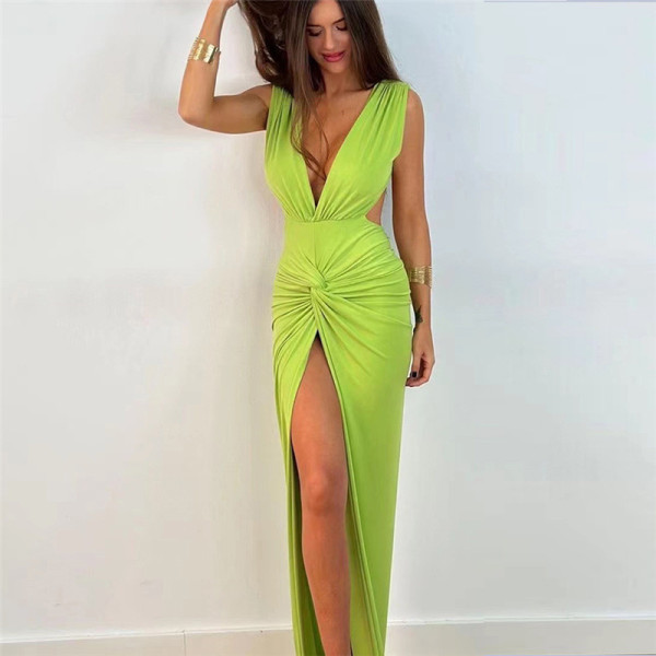 Backless V-neck slit dress