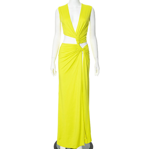 Deep V hollow slit slim fit dress