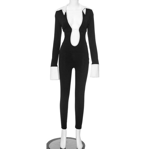 Color blocking tight fitting jumpsuit pants