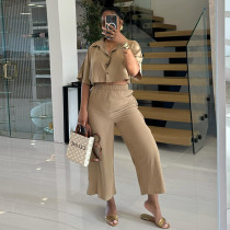 Flip collar short shirt high waisted drawstring cropped pants two-piece set