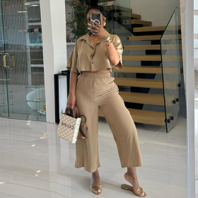 Flip collar short shirt high waisted drawstring cropped pants two-piece set