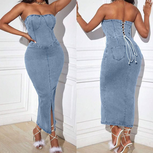 Strap backless denim one neck dress
