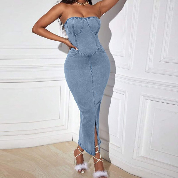 Strap backless denim one neck dress