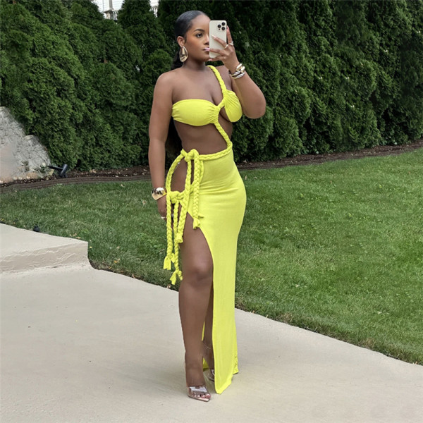 Open back slit splicing strap irregular dress