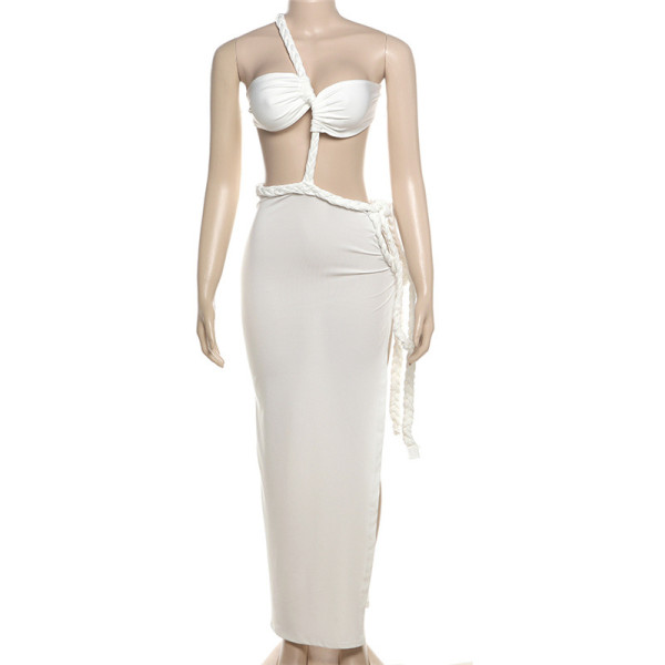 Open back slit splicing strap irregular dress