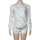 Collar long sleeved printed top shorts women's shirt set