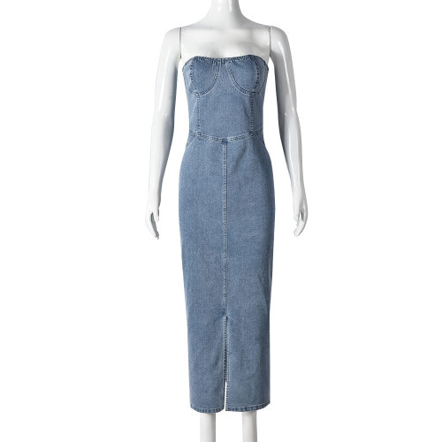 Strap backless denim one neck dress