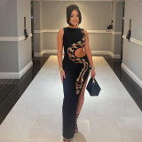 Sleeveless snake print exposed navel hollow slit long dress