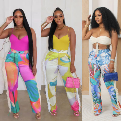 Printed fringe high waisted elastic waistband fringe pocket pants