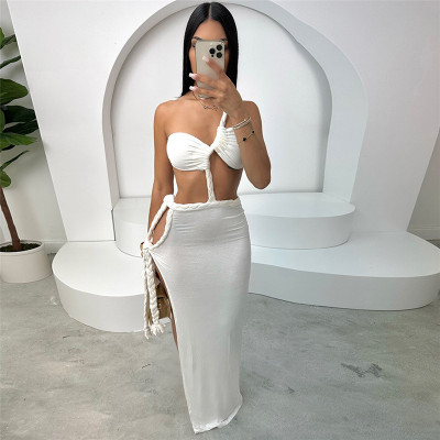 Open back slit splicing strap irregular dress