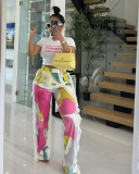 Printed fringe high waisted elastic waistband fringe pocket pants