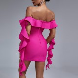 Sleeveless one shoulder wooden ear short slit dress