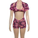 Printed neck hanging, paired with short sleeved jumpsuit shorts, two-piece set