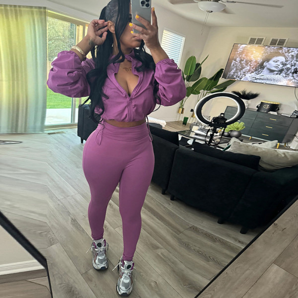 Drawstring waist and exposed navel top, high waisted tight pants set