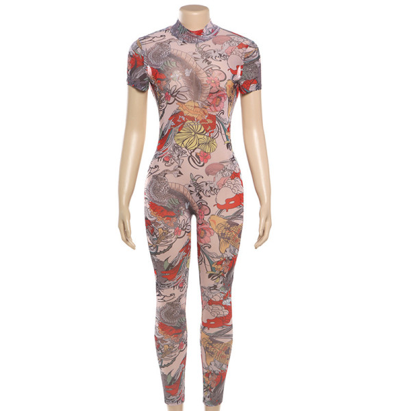 Backless printed see through mesh jumpsuit