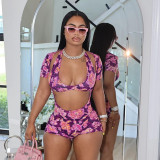 Printed neck hanging, paired with short sleeved jumpsuit shorts, two-piece set