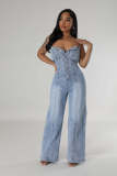 Strapless slim fit wide leg denim jumpsuit