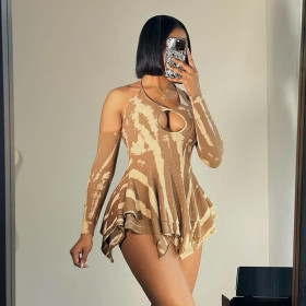 Hanging neck off shoulder long sleeved hollow ruffle edge short skirt