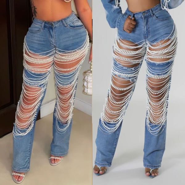 Broken pearl chain decorative jeans