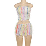 Sleeveless strapless top, hip hugging shorts two-piece set