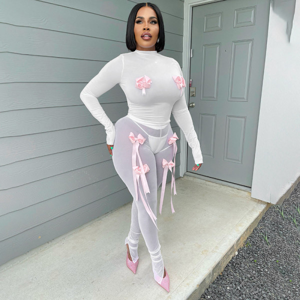 Bow tie long sleeved shirt, mesh long pants set