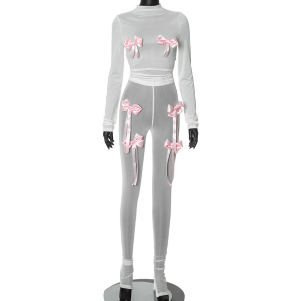 Bow tie long sleeved shirt, mesh long pants set