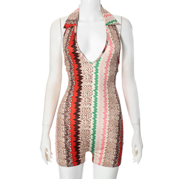 Hanging neck V-neck printed jumpsuit