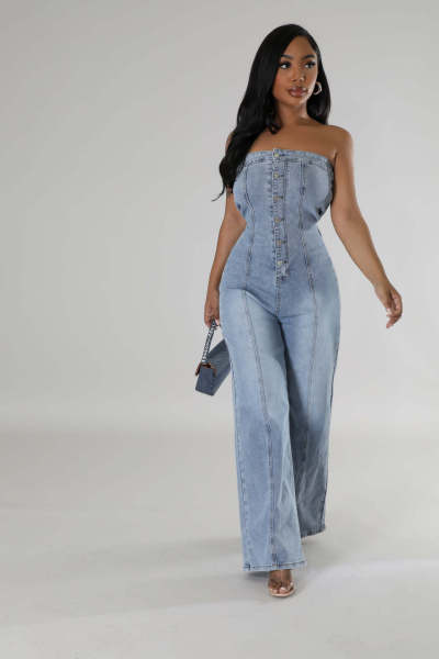 Strapless slim fit wide leg denim jumpsuit