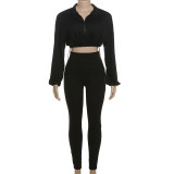 Drawstring waist and exposed navel top, high waisted tight pants set