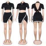 Flip collar side open short sleeved two-piece skirt set