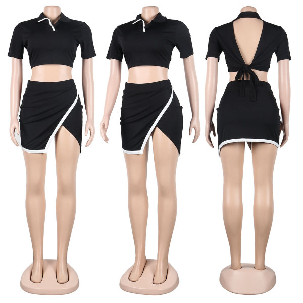 Flip collar side open short sleeved two-piece skirt set