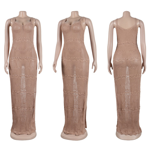 Hip hugging skirt with side open suspender sweater dress