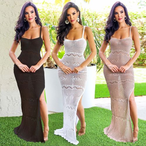 Hip hugging skirt with side open suspender sweater dress