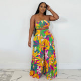 Two piece set of wide leg pants with printed cuffs and straps
