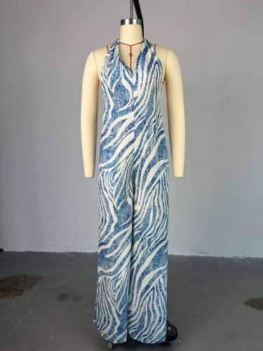 Hanging neck V-neck high waisted backless wide leg jumpsuit