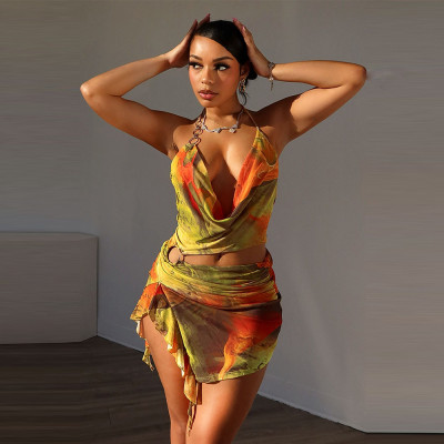 Mesh printed cropped irregular dress
