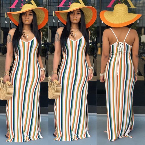 Colorful striped backless camisole slit nightclub skirt