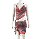 Mesh printed cropped irregular dress