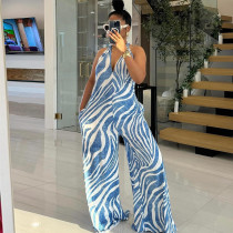 Hanging neck V-neck high waisted backless wide leg jumpsuit Hanging neck V-neck high waisted backless wide leg jumpsuit