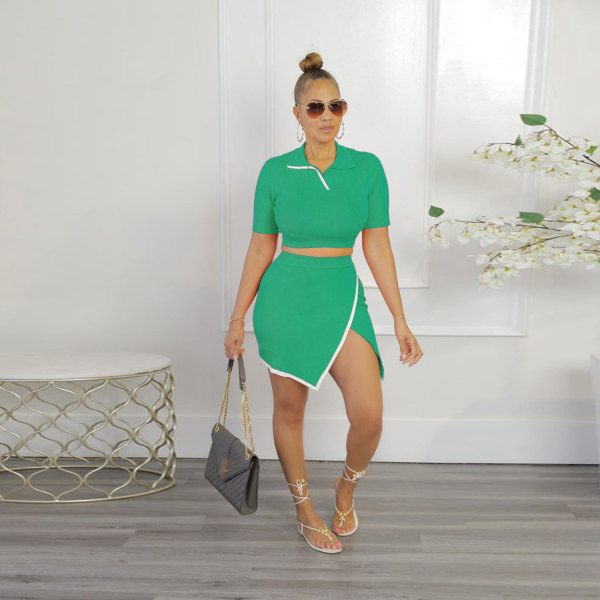 Flip collar side open short sleeved two-piece skirt set