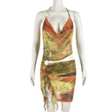 Mesh printed cropped irregular dress