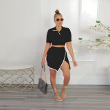 Flip collar side open short sleeved two-piece skirt set