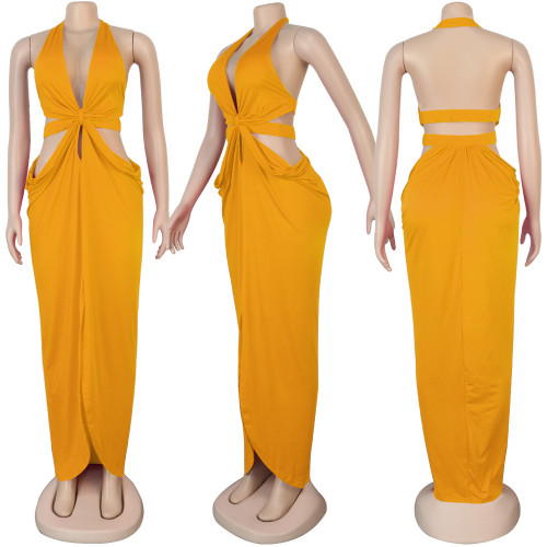 Solid color neck hanging deep V split waist skirt