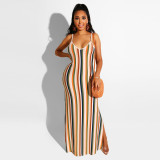 Colorful striped backless camisole slit nightclub skirt