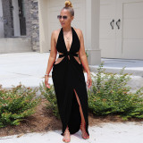 Solid color neck hanging deep V split waist skirt