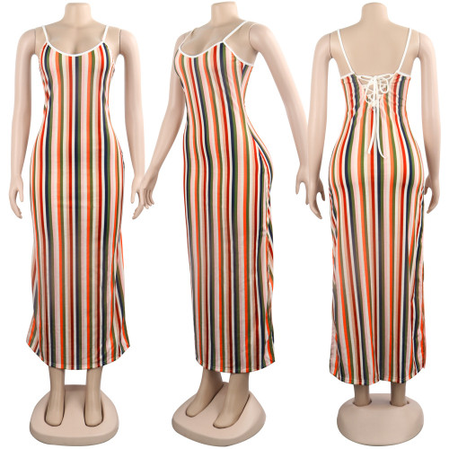 Colorful striped backless camisole slit nightclub skirt