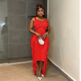 Strap pleated solid color hip hugging dress