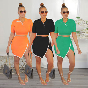 Flip collar side open short sleeved two-piece skirt set